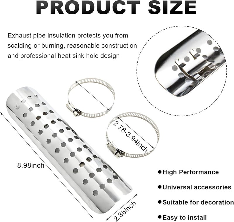 Wevdn Motorcycle Heat Shield, Aluminum Motorbike Pipe Heat Exhaust Heat Shield, Pipe Heat Shield Cover Guard Protector with 2 Stainless Steel Clamps, Motorcycle Accessories (Silver) - Image 2